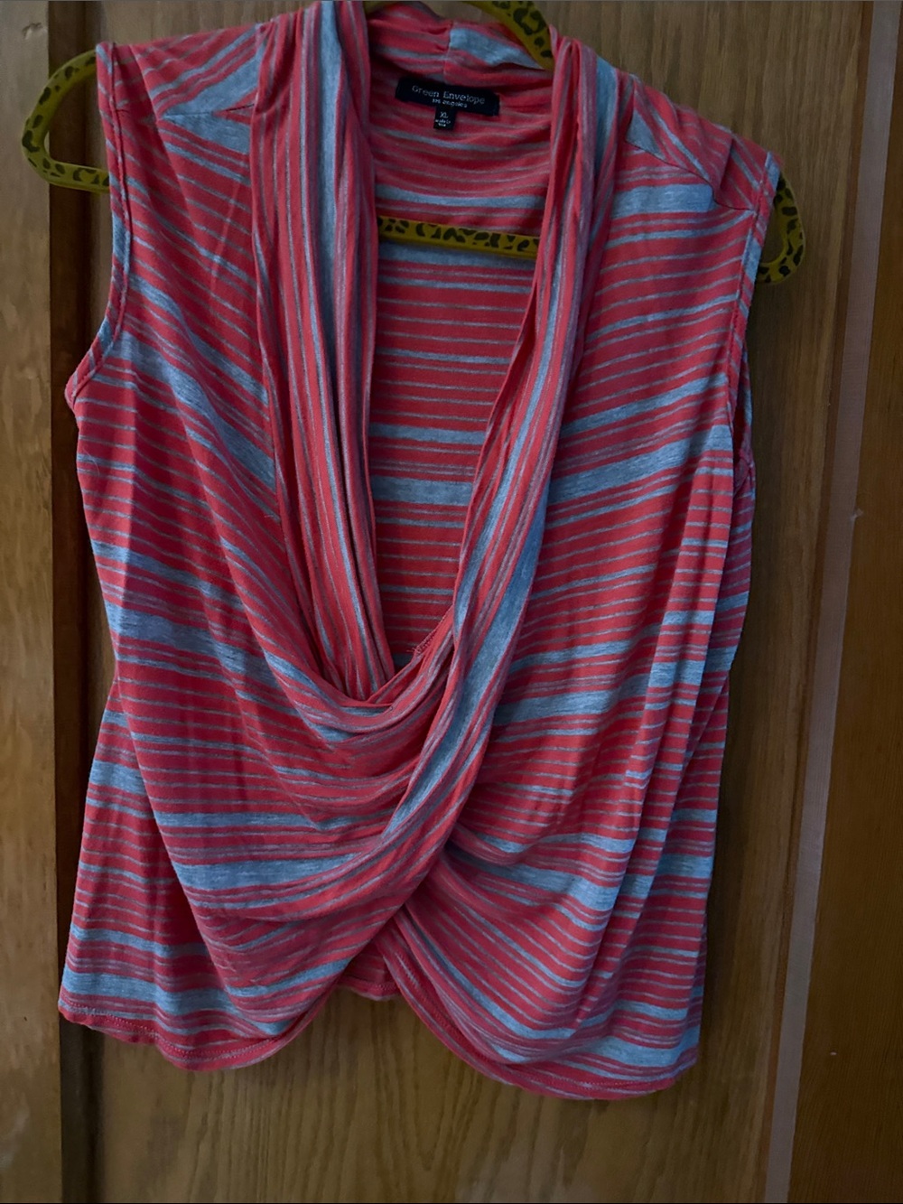 Green Envelope Coral and Gray Striped Drape Cowl Sleeveless Top